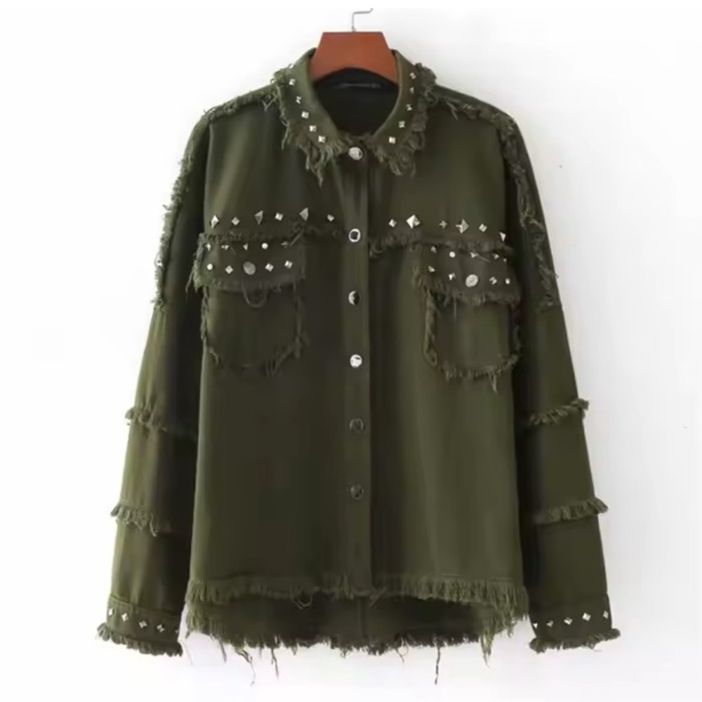 ZARA Studded Olive Green Women's Button Down Jacket